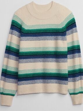 Cream Crewneck Sweater with Blue & Green Stripes